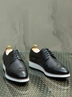 Chaussures Richelieu pour hommes bout rond en cuir véritable à lacets.
