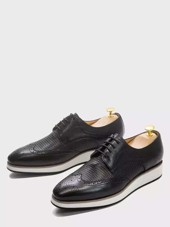 Chaussures Richelieu pour hommes bout rond en cuir véritable à lacets.