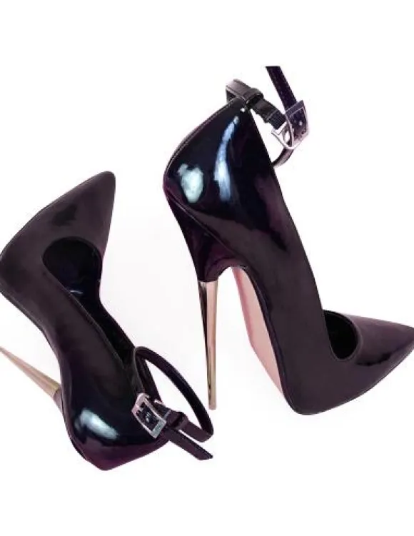 Chaussures sexy en cuire verni bride cheville aux talons hauts noirs