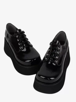 Chaussures Steampunk Lolita en cuir verni noir à lacets et bout rond en cuir PU