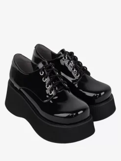 Chaussures Steampunk Lolita en cuir verni noir à lacets et bout rond en cuir PU