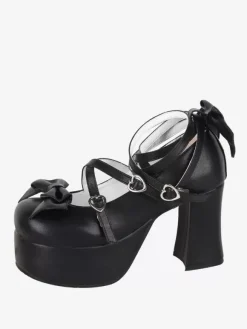 Chaussures Sweet Lolita avec n艙ud noir et bout rond en cuir PU