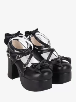 Chaussures Sweet Lolita avec n艙ud noir et bout rond en cuir PU