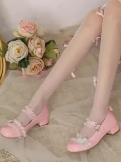 Chaussures Sweet Lolita Escarpins Mary Jane Lolita à talons épais et blocs de couleurs roses à volants