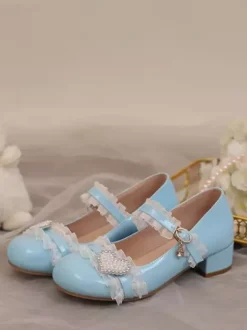 Chaussures Sweet Lolita Escarpins Mary Jane Lolita à talons épais et blocs de couleurs roses à volants