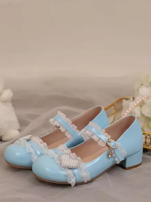 Chaussures Sweet Lolita Escarpins Mary Jane Lolita à talons épais et blocs de couleurs roses à volants