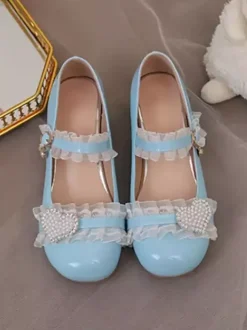 Chaussures Sweet Lolita Escarpins Mary Jane Lolita à talons épais et blocs de couleurs roses à volants