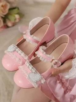 Chaussures Sweet Lolita Escarpins Mary Jane Lolita à talons épais et blocs de couleurs roses à volants