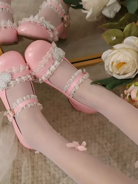 Chaussures Sweet Lolita Escarpins Mary Jane Lolita à talons épais et blocs de couleurs roses à volants