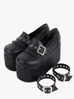 Chaussures Sweet Lolita Escarpins Lolita à talons compensés en cuir PU avec chaînes noires