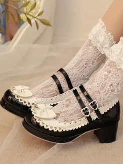 Chaussures Sweet Lolita à n艙uds roses talon compensé en cuir PU color block.