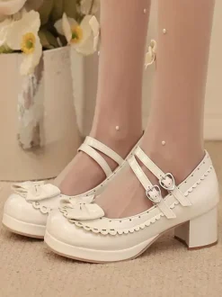 Chaussures Sweet Lolita à n艙uds roses talon compensé en cuir PU color block.