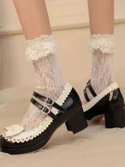 Chaussures Sweet Lolita à n艙uds roses talon compensé en cuir PU color block.