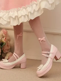 Chaussures Sweet Lolita à n艙uds roses talon compensé en cuir PU color block.