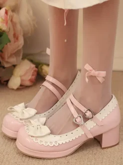 Chaussures Sweet Lolita à n艙uds roses talon compensé en cuir PU color block.