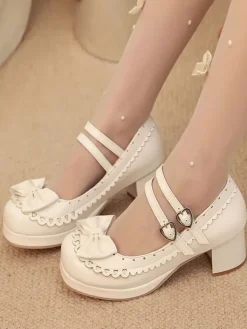 Chaussures Sweet Lolita à n艙uds roses talon compensé en cuir PU color block.