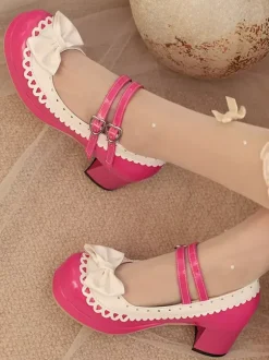 Chaussures Sweet Lolita à n艙uds roses talon compensé en cuir PU color block.