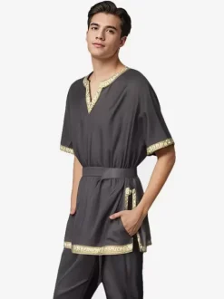 Chemise À Manches Courtes Col En V Rétro Rouge Vintage Homme Bourgogne