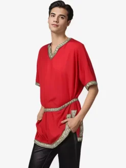 Chemise À Manches Courtes Col En V Rétro Rouge Vintage Homme Bourgogne
