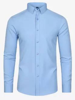 Chemise à manches longues pour homme boutonnée élastique couleur unie