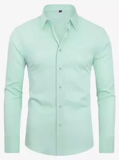 Chemise à manches longues pour homme boutonnée élastique couleur unie