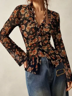 Chemise à manches longues boutonnée à imprimé floral et coupe ajustée pour femme 2026