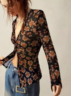 Chemise à manches longues boutonnée à imprimé floral et coupe ajustée pour femme 2026