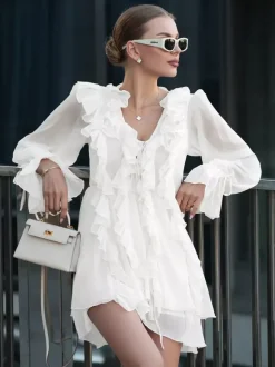 Chemise blanche à volants pour femme col en V manches longues élégantes