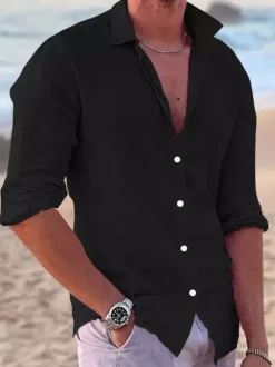 Chemise cubaine à manches longues pour hommes chemises décontractées en lin pour la plage et l'été