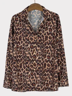 Chemise Décontractée Col Rabattu Simple Imprimé Léopard Café Marron