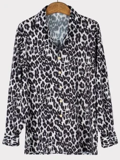 Chemise Décontractée Col Rabattu Simple Imprimé Léopard Café Marron