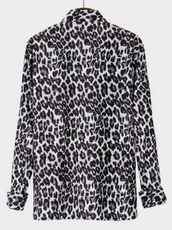 Chemise Décontractée Col Rabattu Simple Imprimé Léopard Café Marron