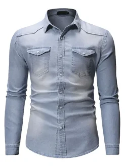 Chemise Décontractée Homme Col Rabattu Chic Bleu Ciel Clair Chemises Homme