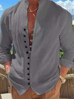 Chemise décontractée pour homme col montant manches longues chemises décontractées en lin pour hommes