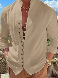Chemise décontractée pour homme col montant manches longues chemises décontractées en lin pour hommes