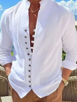 Chemise décontractée pour homme col montant manches longues chemises décontractées en lin pour hommes