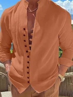 Chemise décontractée pour homme col montant manches longues chemises décontractées en lin pour hommes