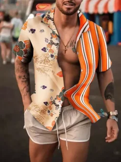Chemise décontractée pour homme à col rabattu Chemises décontractées pour hommes orange imprimées