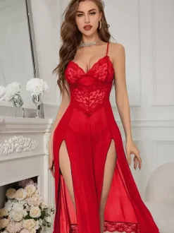 Chemise de nuit longue en dentelle à fente haute lingerie sexuelle en tulle