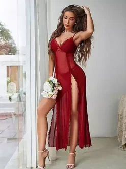 Chemise de nuit longue noire fendue sur le devant en polyester lingerie sexy avec dos en T