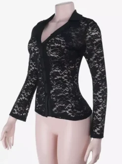 Chemise en dentelle transparente pour femme - Cardigan cintré à col V style gothique - Top idéal pour une soirée printanière 2026
