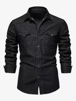 Chemise En Jean Décontractée À Manches Longues Homme Couleur Unie Coupe Cintrée
