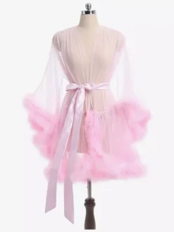 Chemise Femme Rose Polyester Plumes Rayures Lingerie Transparente