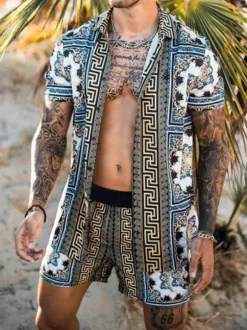 Chemise Hawaïenne Pour Hommes 2 pièces géométriques manches courtes col rabattu bleu