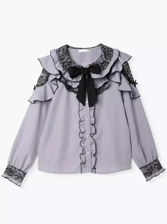 Chemise Lolita en dentelle col rond volants manches longues ruban décoré