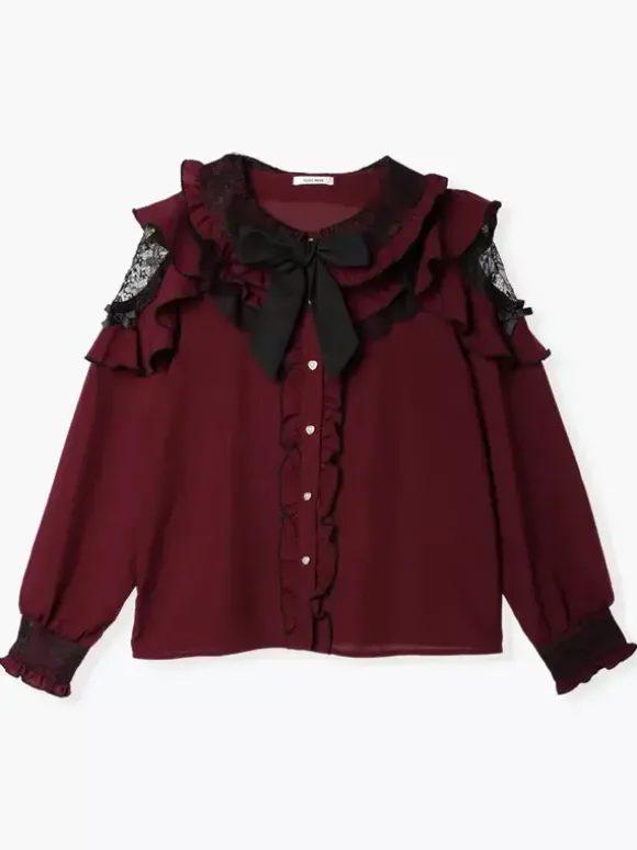 Chemise Lolita en dentelle col rond volants manches longues ruban décoré