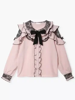 Chemise Lolita en dentelle col rond volants manches longues ruban décoré