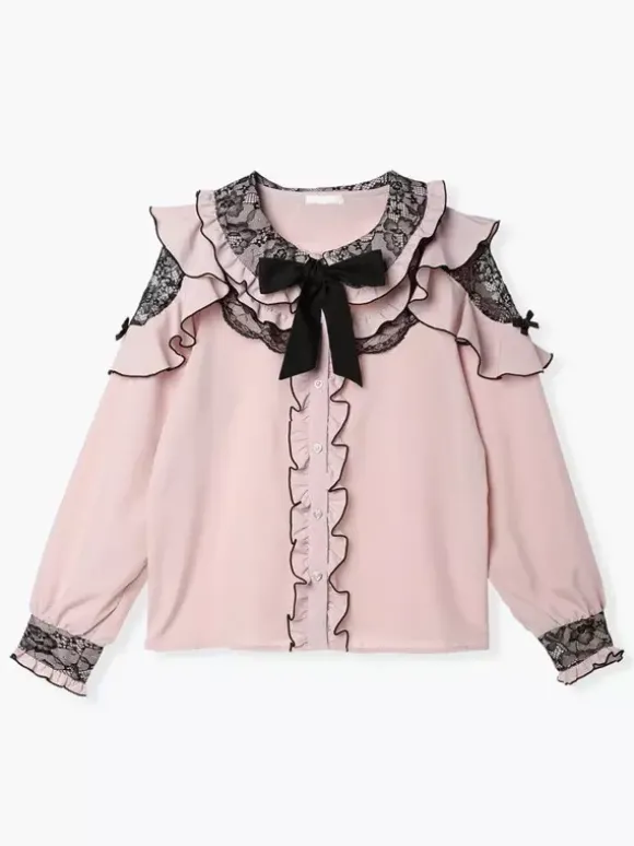 Chemise Lolita en dentelle col rond volants manches longues ruban décoré