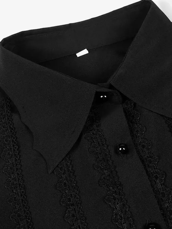 Chemise Noir Vintage Top Renaissance Polyester Dentelle Manches Longues Rétro Costumes Pour Homme Déguisement Vintage