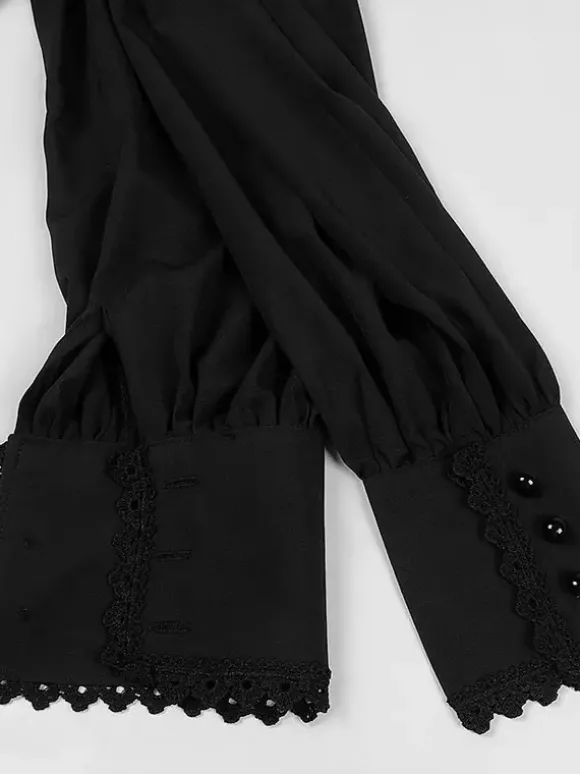 Chemise Noir Vintage Top Renaissance Polyester Dentelle Manches Longues Rétro Costumes Pour Homme Déguisement Vintage